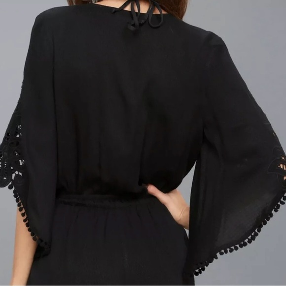 Love Stitch Boho Wrap Crochet Lace Bell Sleeve Jumpsuit Black - Picture 4 of 13